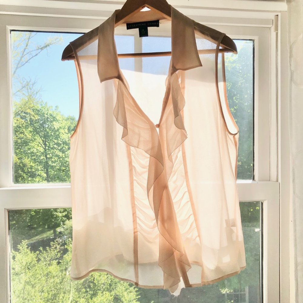 100% Silk Semi Sheer Ethereal Pale Pink Ruffle Front Sleeveless Collared Blouse